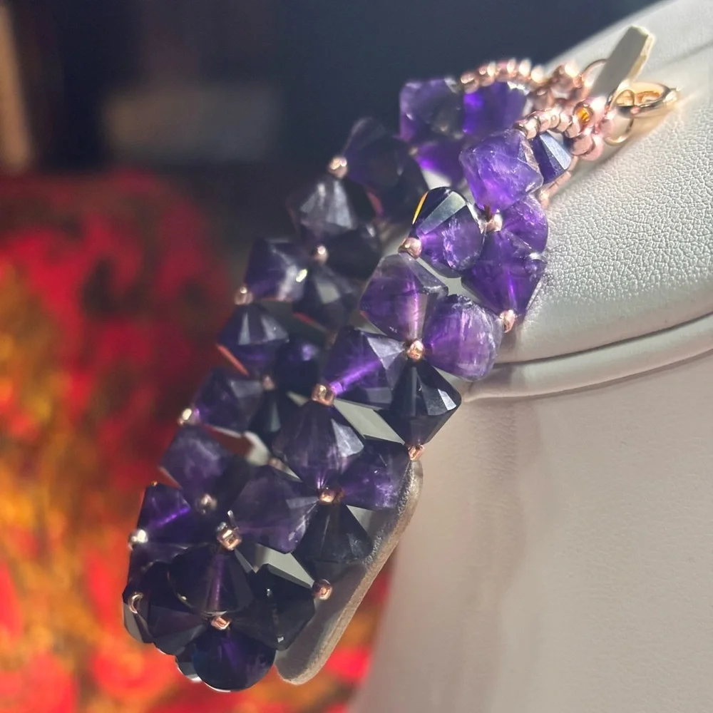 Handmade Amethyst Gemstone Bracelet rose gold tone lobster claw clasp 7.5 inches - Picture 7 of 9